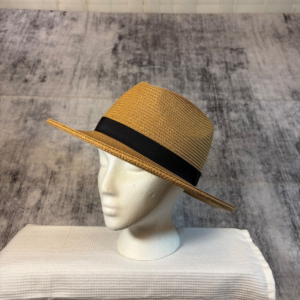 Solar Escape Tan Straw Fedora Hat Black Ribbon Band Adjustable Sun Hat One Size